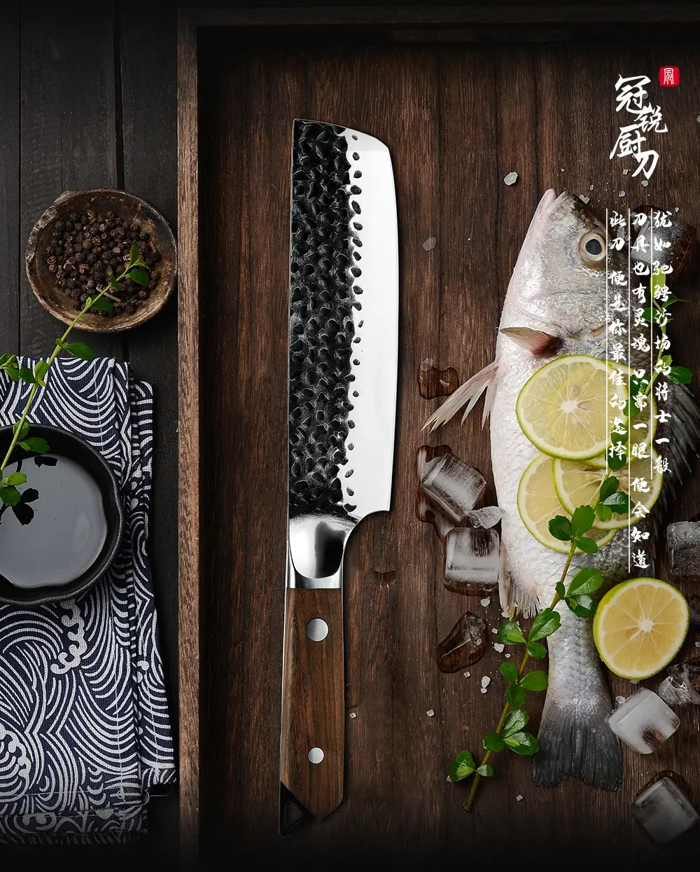 Couteau japonais Nakiri en acier Damas - Manche en bois d'ébène