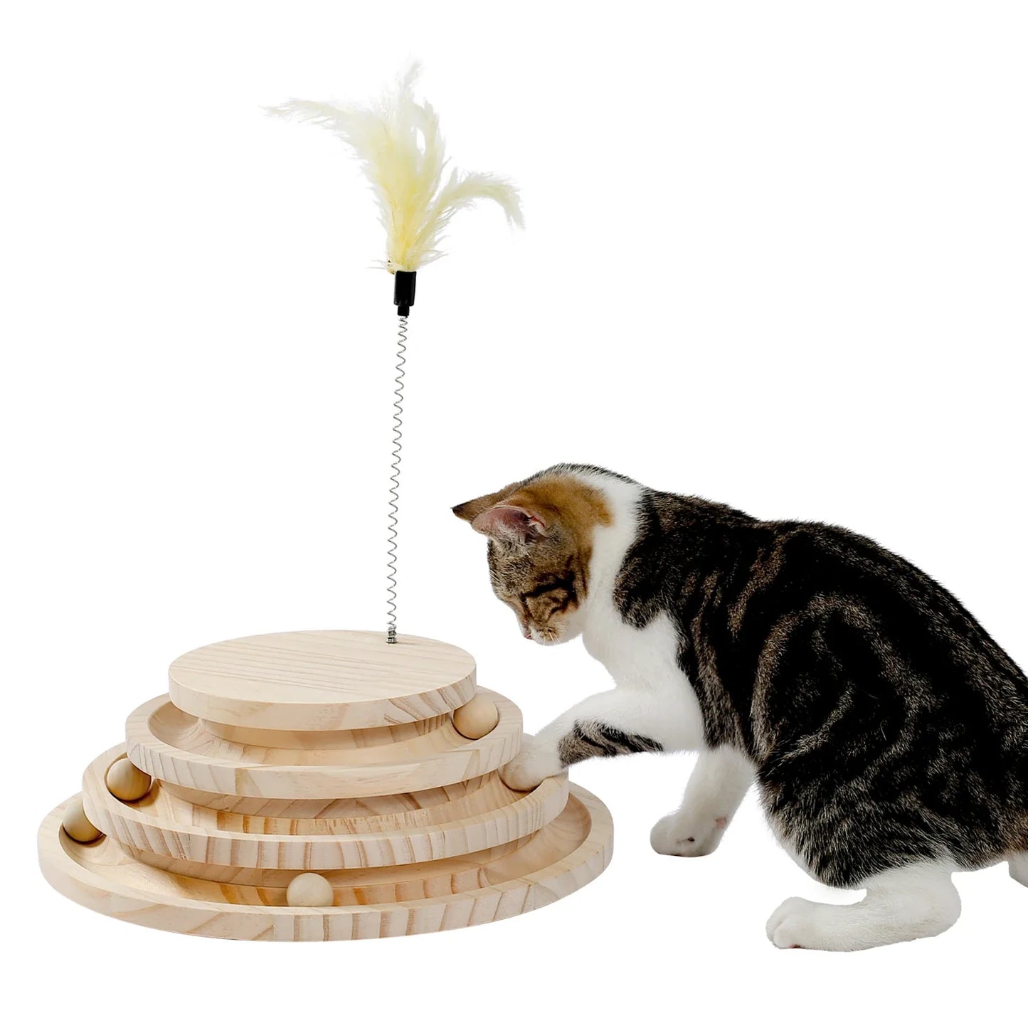 Arbre à chat en bois massif avec jeu de balles et plumeau