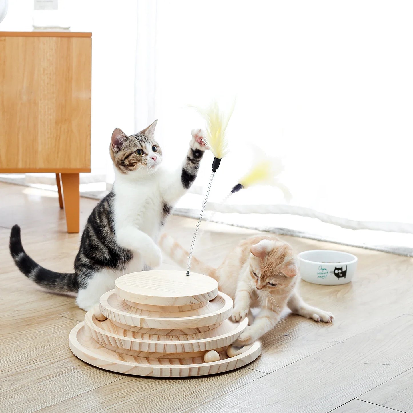 Arbre à chat en bois massif avec jeu de balles et plumeau