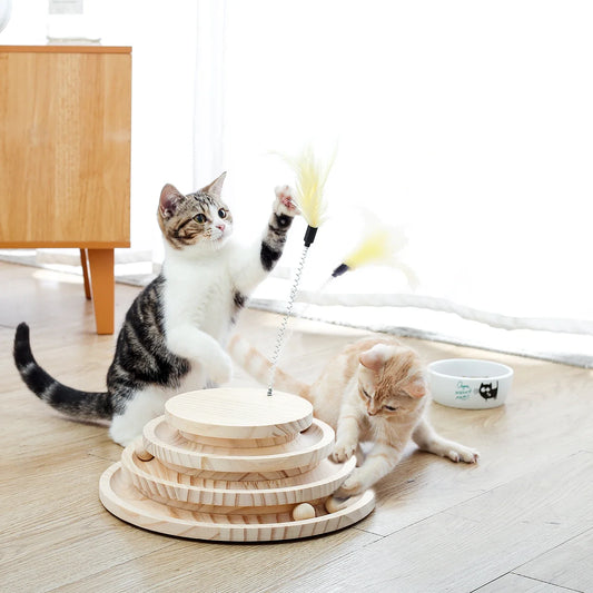 Arbre à chat en bois massif avec jeu de balles et plumeau