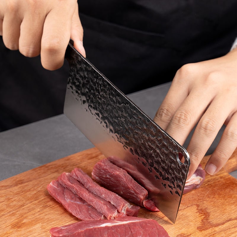 Set de trois couteaux japonais Kiritsuke, Santoku et Couperet en acier damas