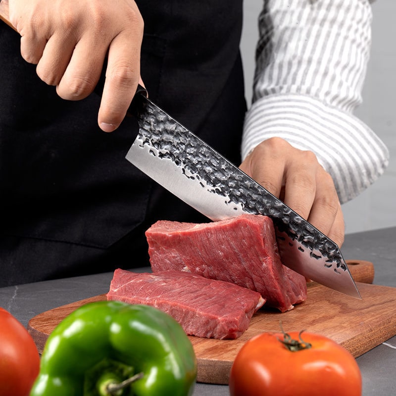 Set de trois couteaux japonais Santoku, Nakiri et Sashimi en acier damas