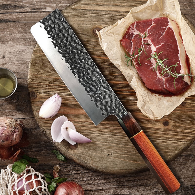 Set de trois couteaux japonais Santoku, Nakiri et Deba en acier damas