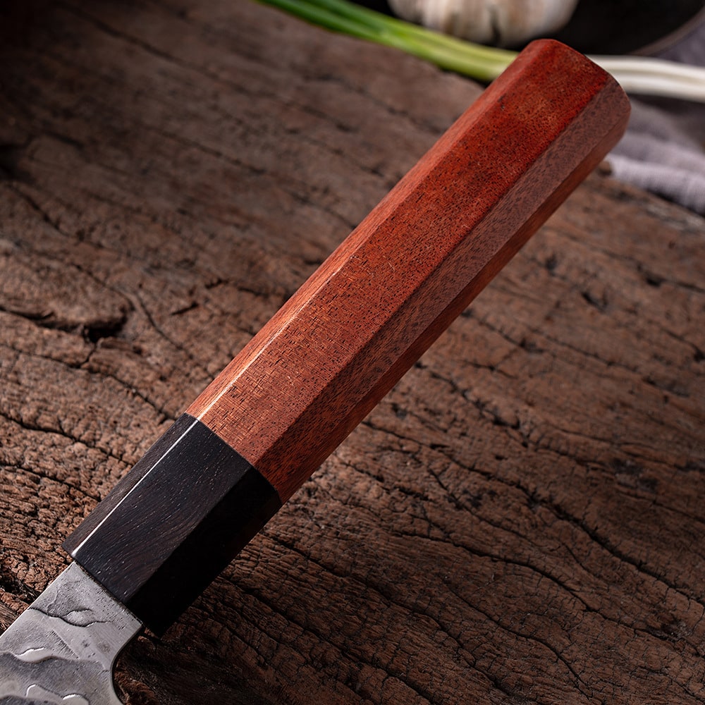 Couteau japonais Santoku en acier Damas - Manche en bois pakka