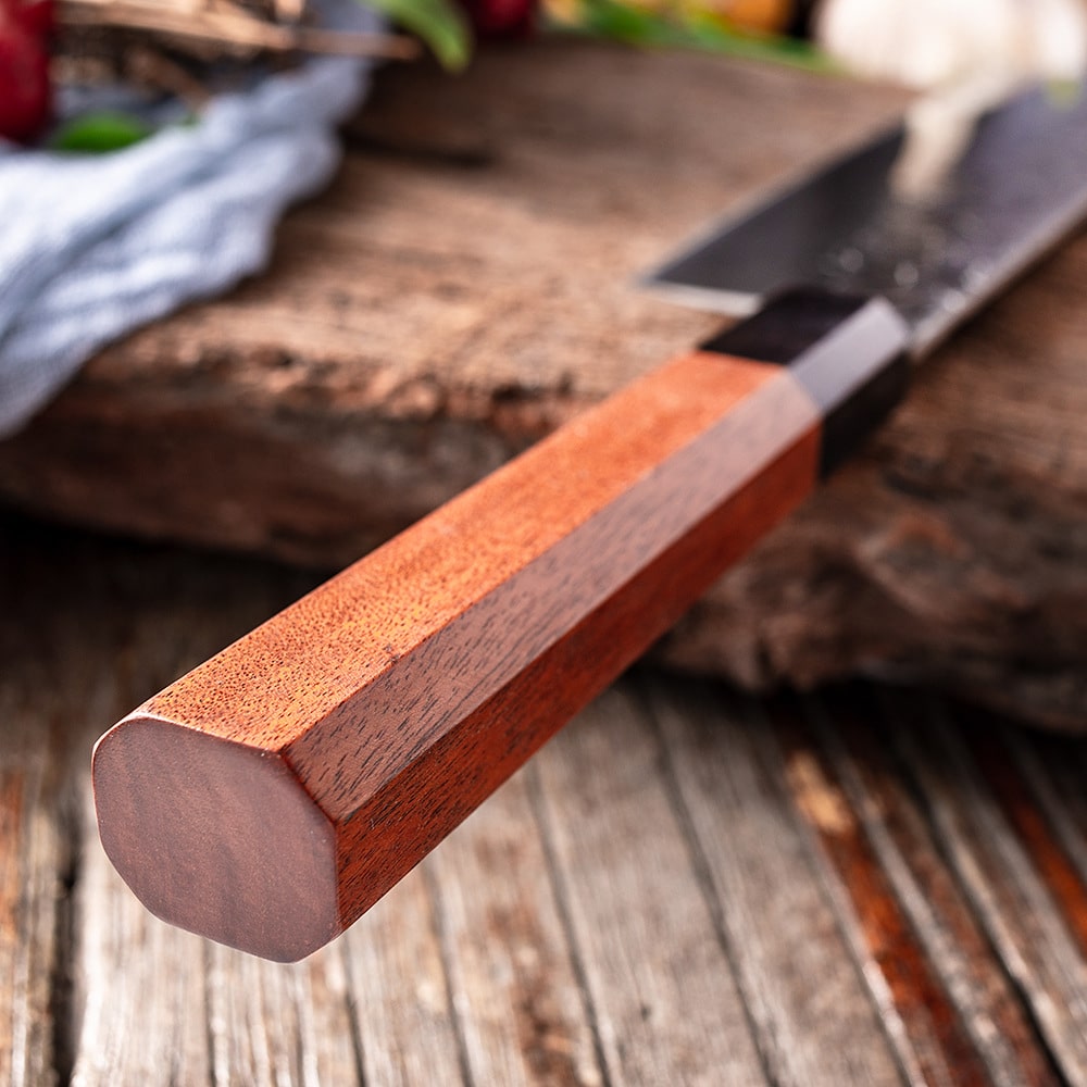 Couteau japonais Santoku en acier Damas - Manche en bois pakka