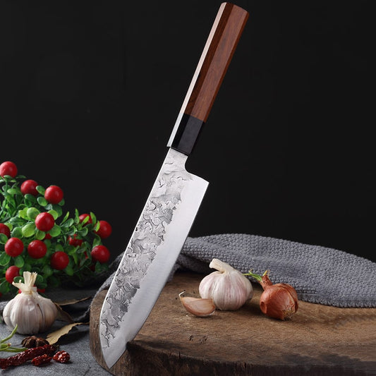 Couteau japonais Santoku en acier Damas - Manche en bois pakka