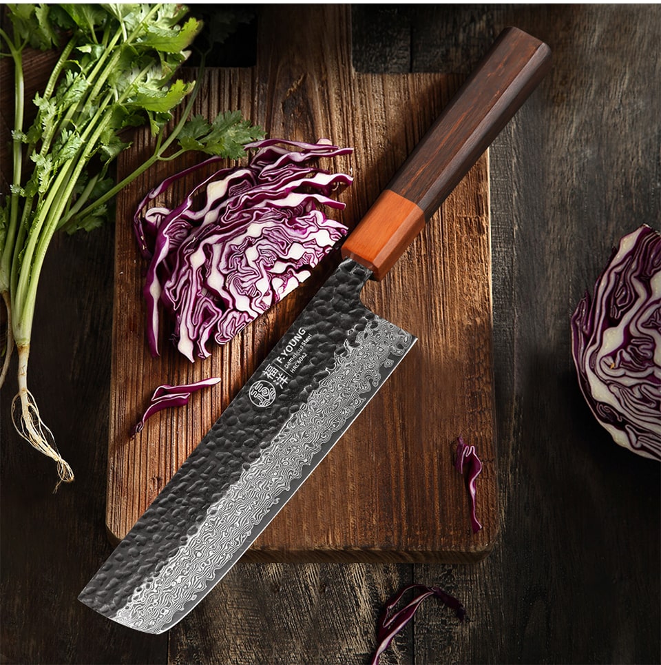 Couteau japonais Nakiri en acier Damas - Manche en bois précieux