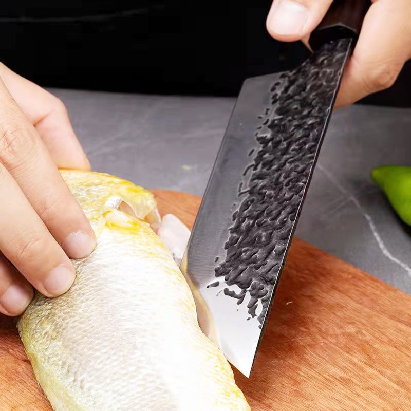 Set de trois couteaux japonais Santoku, Nakiri et Sashimi en acier damas