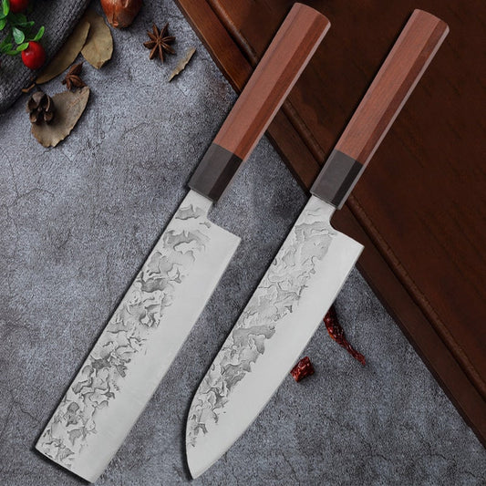 Lot de deux couteaux japonais Santoku, Nakiri en acier Damas - Manche en bois pakka